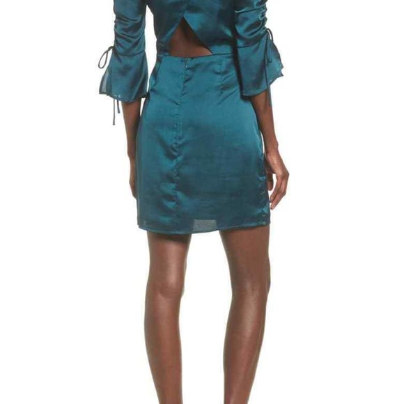 Jewel Green Blue Satin Mini Dress, tie sleeve, open back, Nordstrom, NWT - Picture 3 of 8